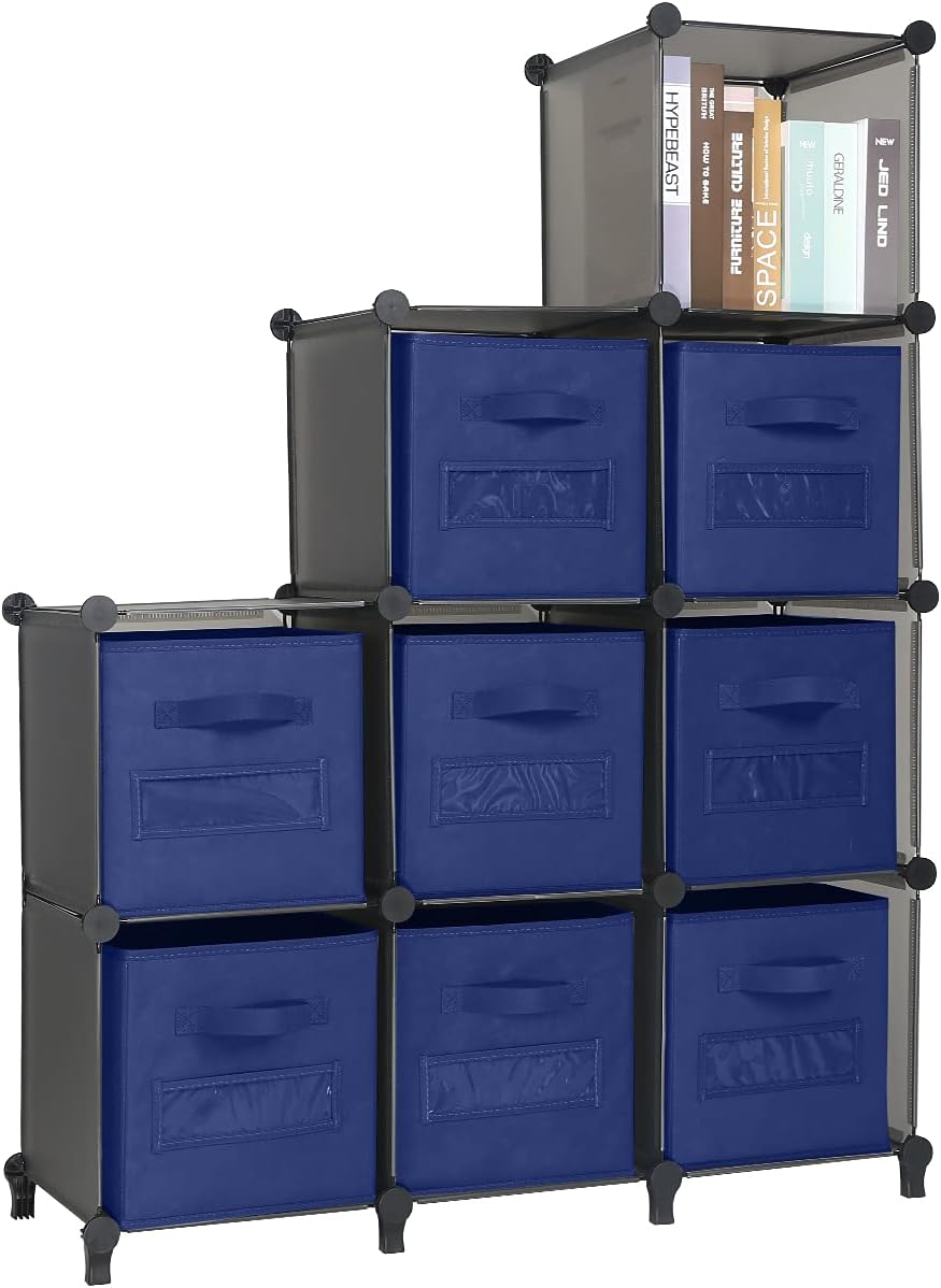 TomCare 8-Pack Storage Cubes Foldable Fabric Cube Storage Bins with 10 Label Window Cards Cloth Cube Organizer Bins Storage Baskets Containers for Shelves Closet Organizers Cubby Cube Storage (Navy)