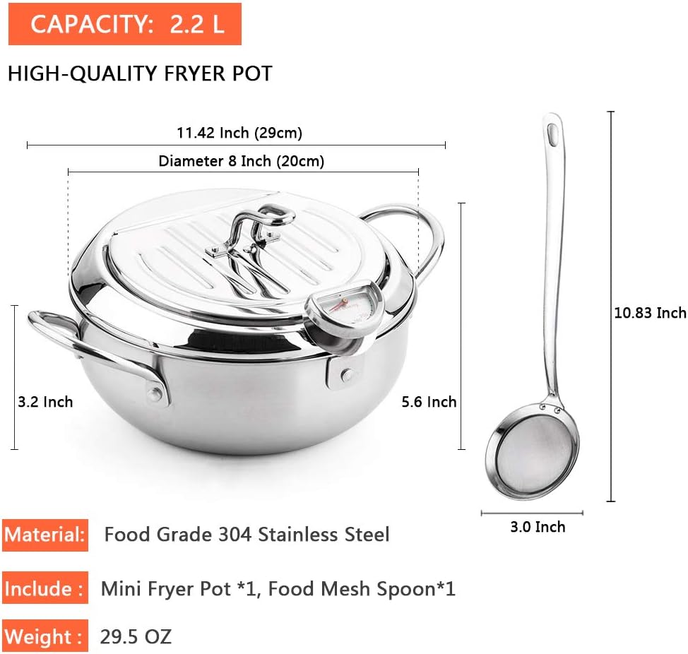 Deep Fryer Pot with Oil Drop Tray Basket and Oil Thermometer Japanese-Style Tempura Small Mini Fryers, for The Home.