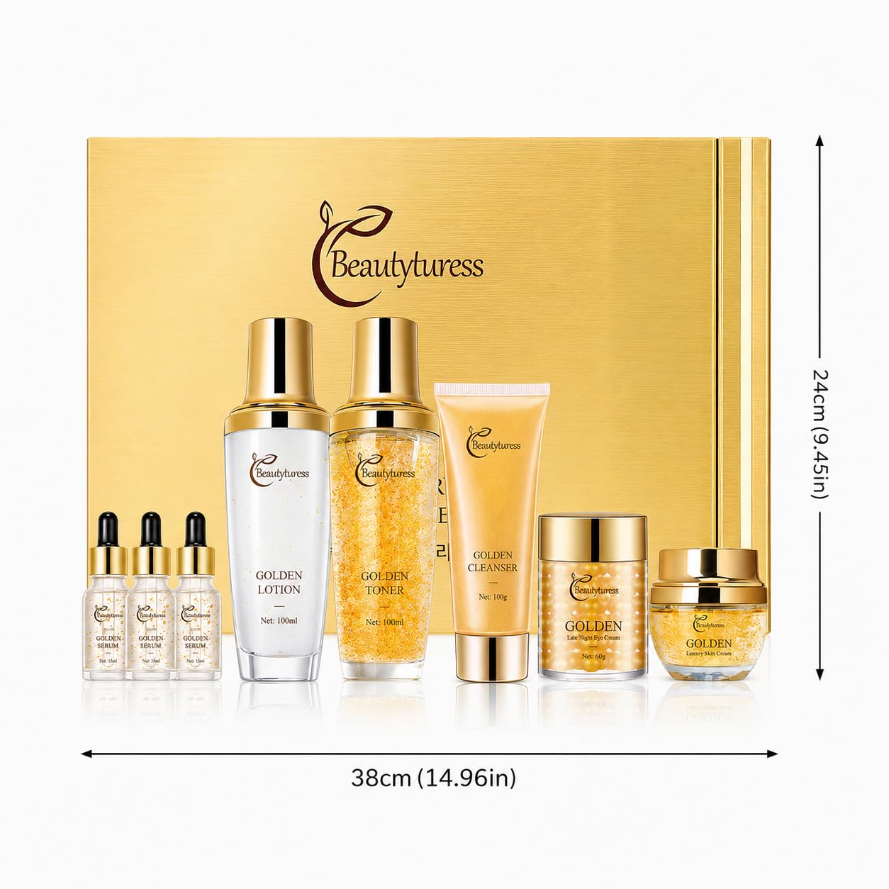 Golden Facial Skin Care Set with Cleanser, Toner, Lotion, Face Cream, Day Cream, Eye Cream & Serums, Hydrating Daily Skin Care Kit with Sodium Hyaluronate & Snail Mucin, Gift Set for Women