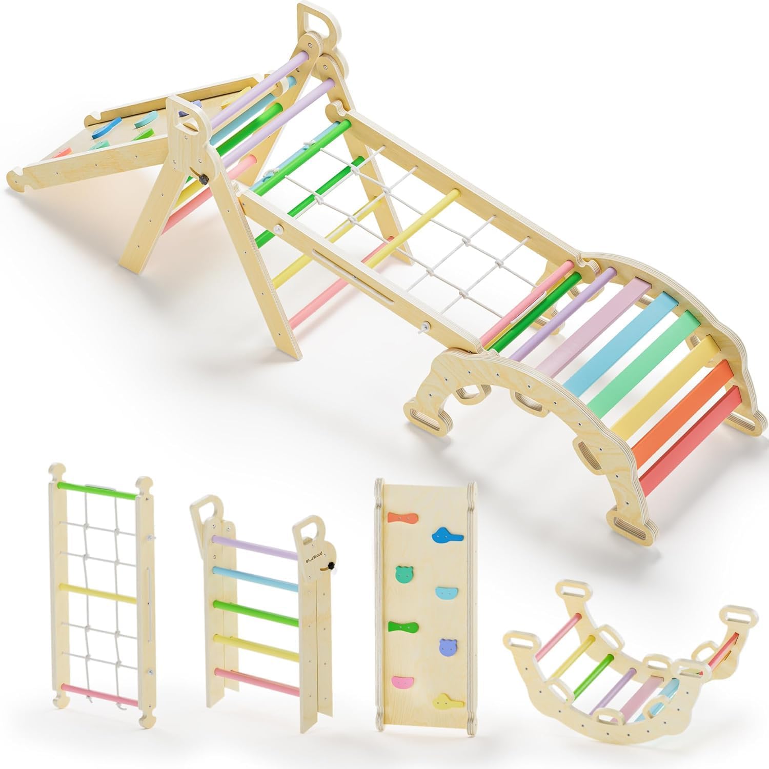 Pikler Triangle Set, Foldable Baby Climbing Wooden Toys with Arch & Ramp & Ladder Climber Indoor Jungle Gyms Ideal for Toddlers Kids-image-39