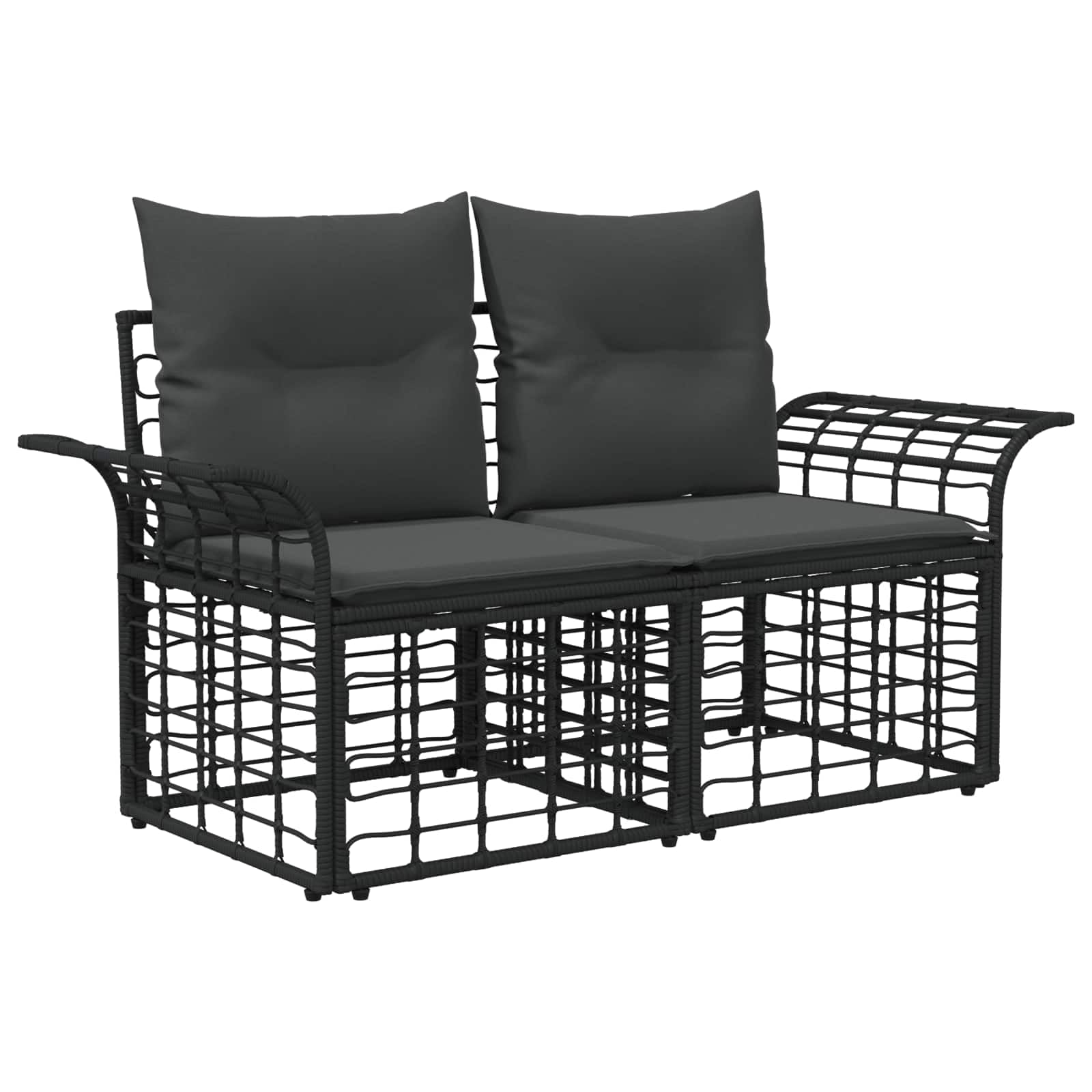 Set di 8 divani da giardino in polyrattan, colore nero | Divani modulari in rattan per giardino e terrazza con tavolo in legno di acacia e comodi cuscini lavabili.