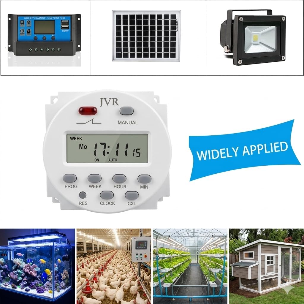 JVR 12V Timer Relay Switch, 12V AC/DC, Solar Battery, 16 Programs | 16 ON/OFF schedules from 1 min to 7 days. Works with 12V AC power or 12V DC solar batteries; retains settings after outages