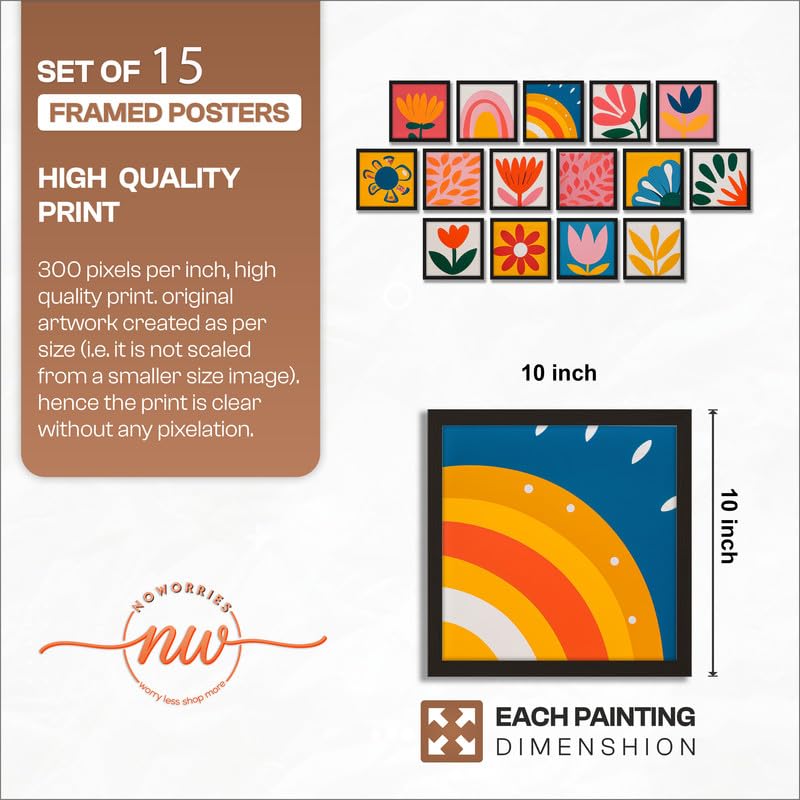 Image of NoWorries Colorful Floral Wall Painting Set of 15 with Frame | Modern Abstract Flower, Rainbow, Leaf & Botanical Artwork | Kids Room, Living Room, Bedroom Office and Home Decoration Wall Decor (Art-2, Frame Size-10x10 inches)