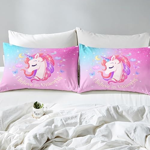 Miniatura 4 de Sábana bajera ajustable de unicornio para niñas y niños pequeños, ropa de cama Kawaii de unicornio, sábanas de unicornio rosa mariposa, sábanas de