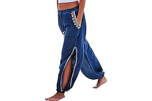 Women's Drawstring Corduroy Pants Slit Harem Pants Beach Pants with Pockets