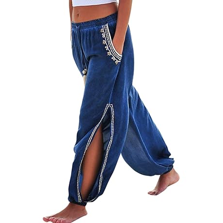 Women's Drawstring Corduroy Pants Slit Harem Pants Beach Pants with Pockets