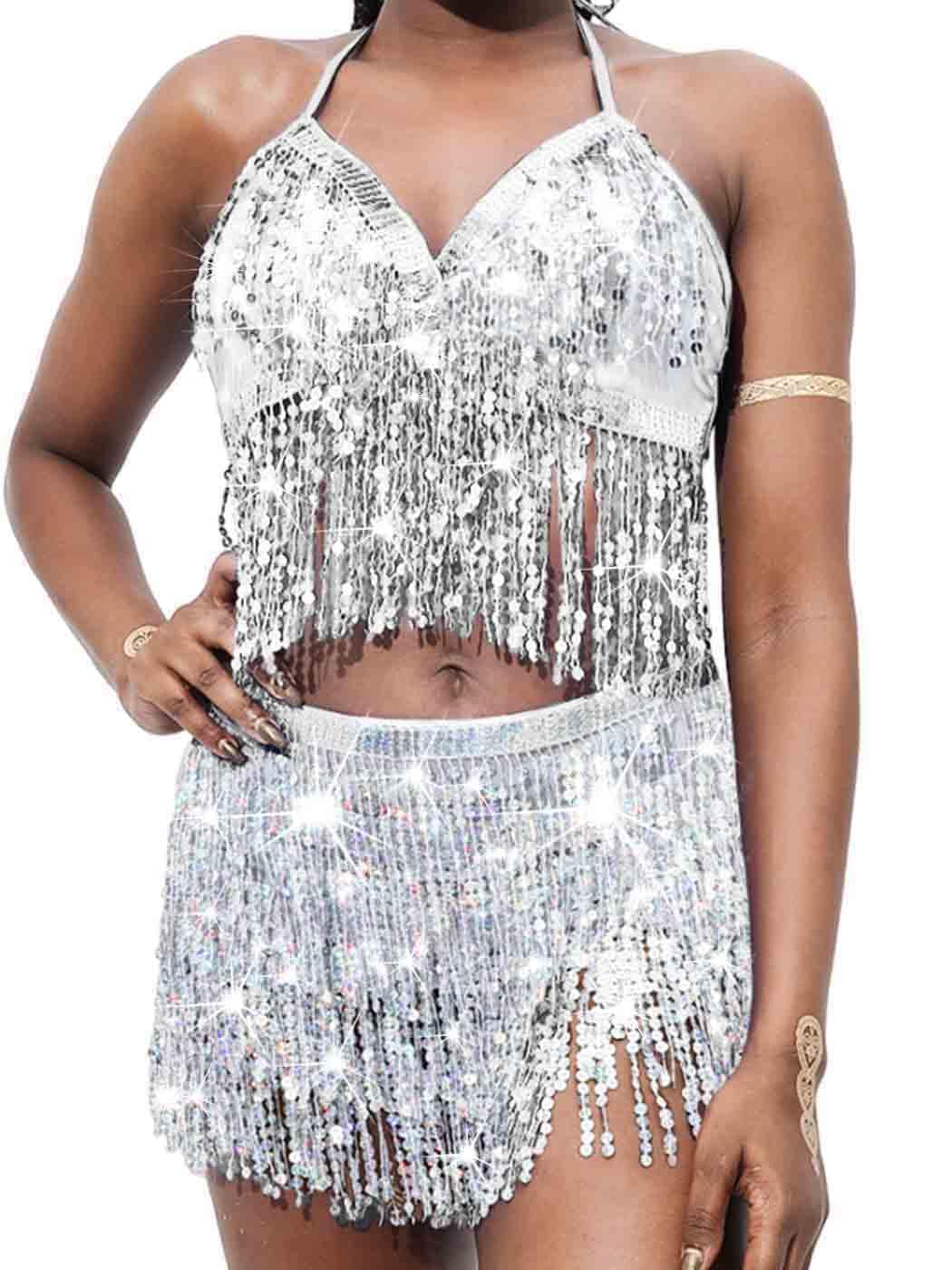 Zoestar Sequin Belly Dance Outfits Sparkly Rave Costume Skirts Tassel Sequin Bra Top Skirt for Women, Silver, One size