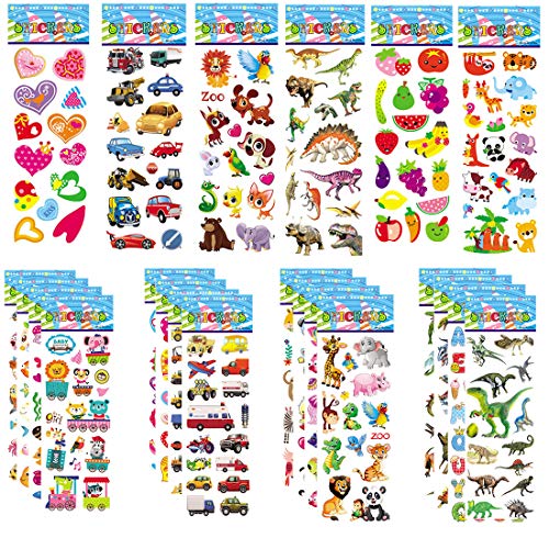 30 Sheets Puffy Stickers for Kids 800+ Children 3D Stickers for Party Bag Fillers Rewarding Gifts Scrapbooking Including Animals Fish Dinosaurs Numbers Fruits Trucks Airplane
