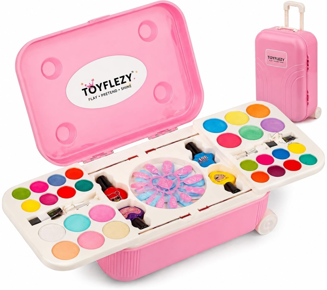Kids Makeup Kit for Girls in Portable Suitcase, Pretend Play Beauty Set with Toy Cosmetics, Washable Makeup Toy, Travel Carry Case, Princess Dress Up Cosmetic Playset, Birthday Gift for Girls Age 3+-image-4