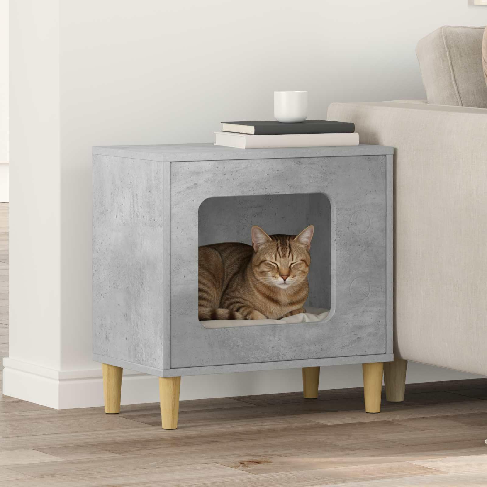 Katzenhaus Beton-Optik 51x30x52cm Holzwerkstoff Indoor | Stilvolle Katzenhöhle in moderner Beton-Optik für das Wohnzimmer, bietet stabilen Rückzugsort für Haustiere.