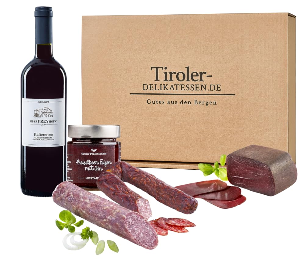 Almgourmet - Geschenkset "Wildes Tirol" - 730g + 0,75l - mit 5 wilden Köstlichkeiten aus Tirol und Südtirol - u.a. Salami aus Italien und Hirschschinken