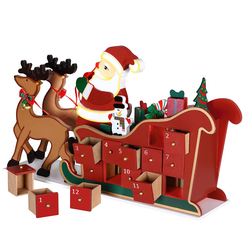 Bakaji Calendrier de l'Avent de Noël en bois avec 24 tiroirs numérotés pour surprise, décorations de Noël, maison (sange Père Noël)