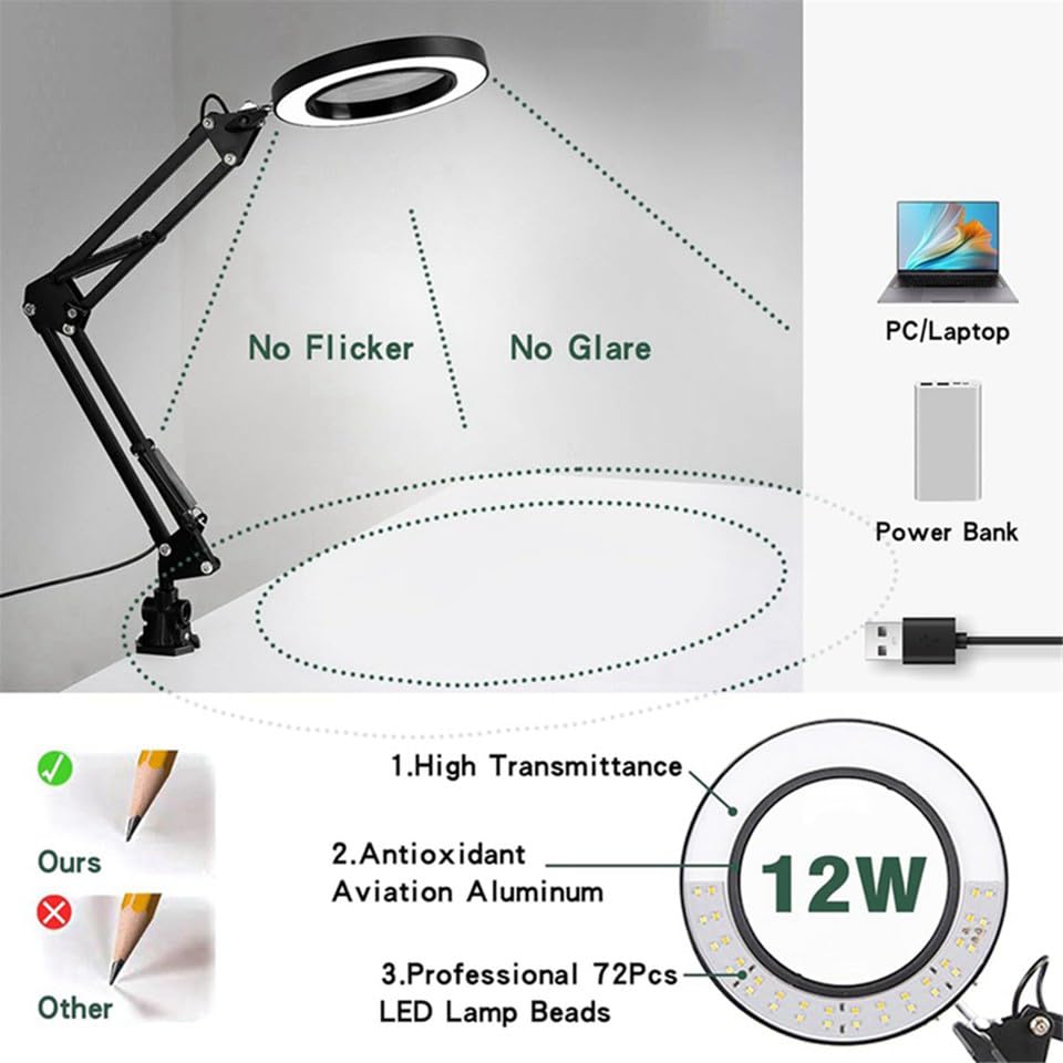 Coverzone Büyüteçli Masa Lambası USB Güç Bağlantılı 10X Büyütmeli LED Işıklı Masaüstü Lamba 360 Derece Dönebilen Başlıklı Ayarlanabilir Parlaklık Seviyeli Esnek Kollu Çalışma Lambası | FLB06
