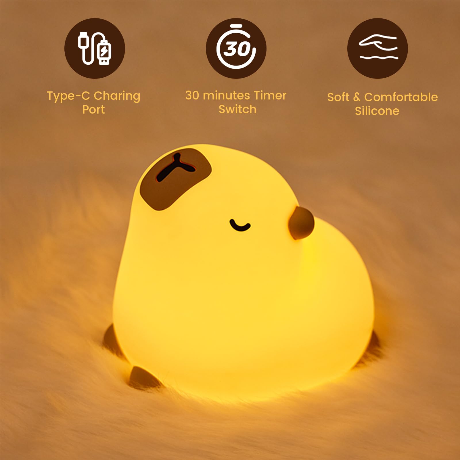yokye Capybara Night Light, Cute LED Silicone Squishy Lamp, USB Rechargeable & 3-Level Dimmable - Image 3