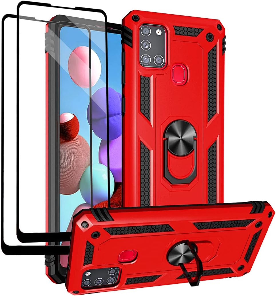 Androgate for Samsung Galaxy A21s Case with Tempered Glass Screen Protectors, Military-Grade Metal Ring Kickstand 15ft Drop Tested Shockproof Cover for Samsung Galaxy A21s Red