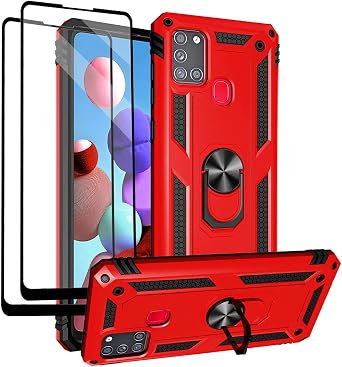 Androgate for Samsung Galaxy A21s Case with Tempered Glass Screen Protectors, Military-Grade Metal Ring Kickstand 15ft Drop Tested Shockproof Cover for Samsung Galaxy A21s Red