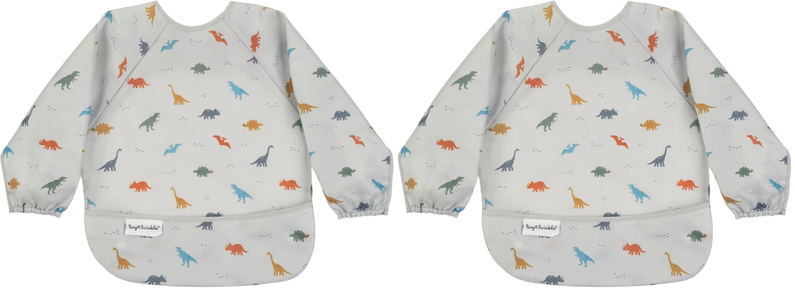 Tiny Twinkle Long Sleeve Bib for Babies &amp; Toddlers | Waterproof Smock Bib for Eating | Machine Washable &amp; Mess-Proof Feeding Essentials | Newborn Shower Gift (Dinosaur, 6–24M) (Pack of 2)
