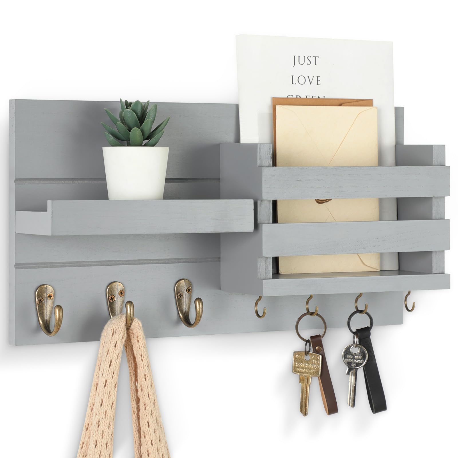 Mail Organizer for Wall Mount – Key Holder with Shelf Includes Letter Holder and Hooks for Coats, Dog Leashes – Rustic Wood with Flush Mounting Hardware (16.5” x 8.7” x 3.5”) (Gray)