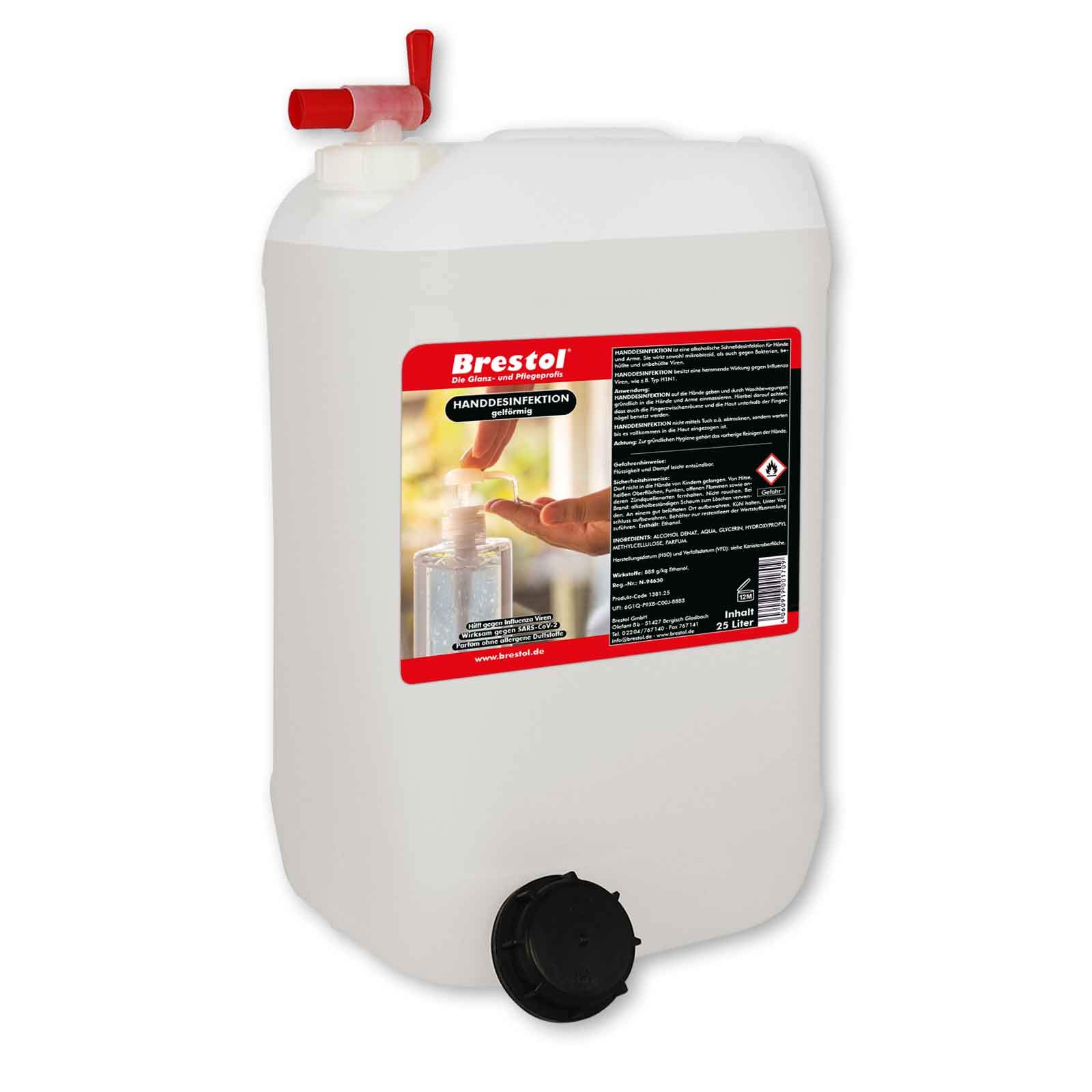 HANDDESINFEKTION Gel 25 Liter + Auslaufhahn 61 mm Desinfektionsmittel für Hand Haut Hände Desinfektion Händedesinfektion Desinfektionsgel Geldesinfektion gelförmig