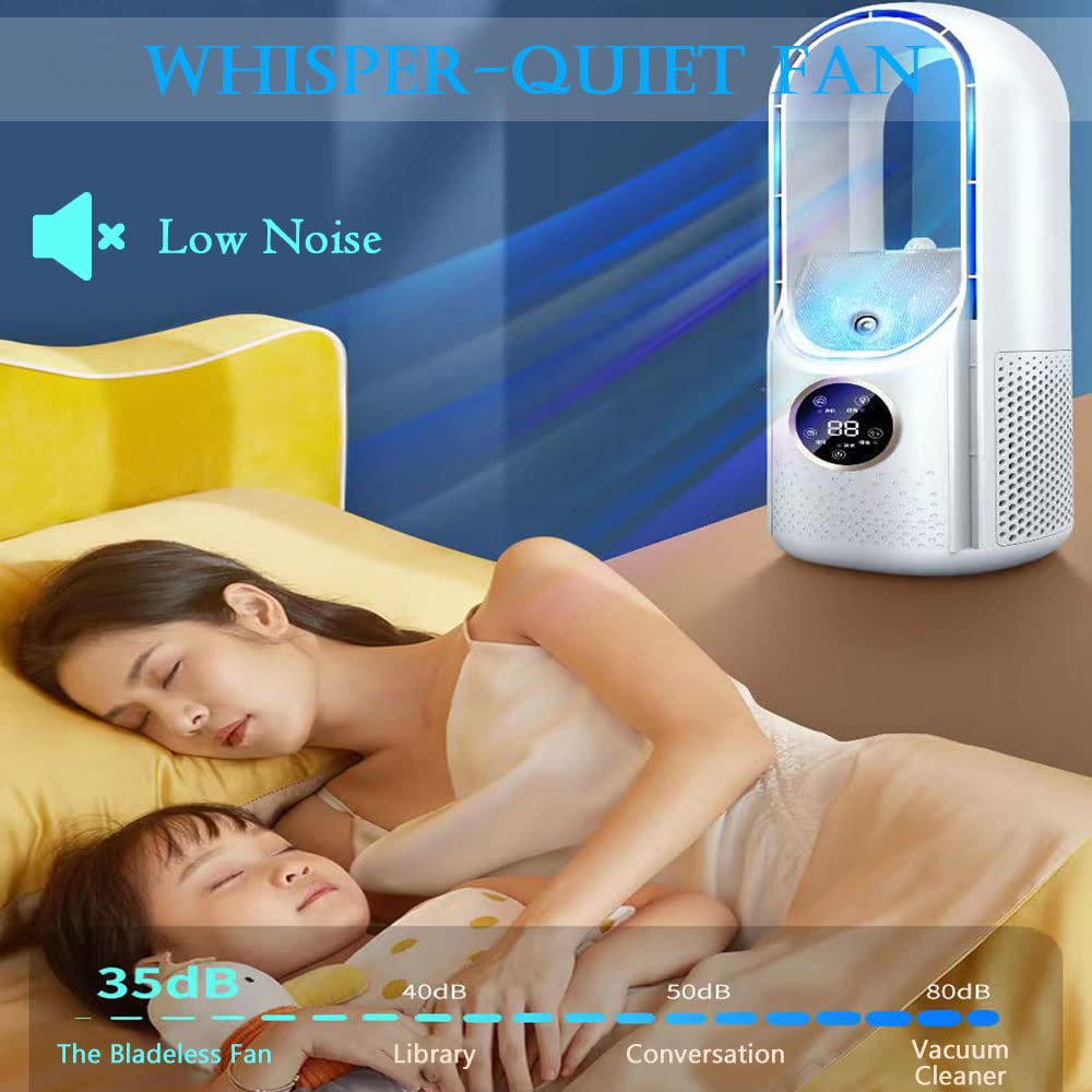 Desk Bladeless Fan with Misting, 11.8 Inch Personal Cooling Fan Small Quiet USB Table Fan with 6 Speeds, Timer and 5 Colors LED Light for Office Home Bedroom and Outdoors