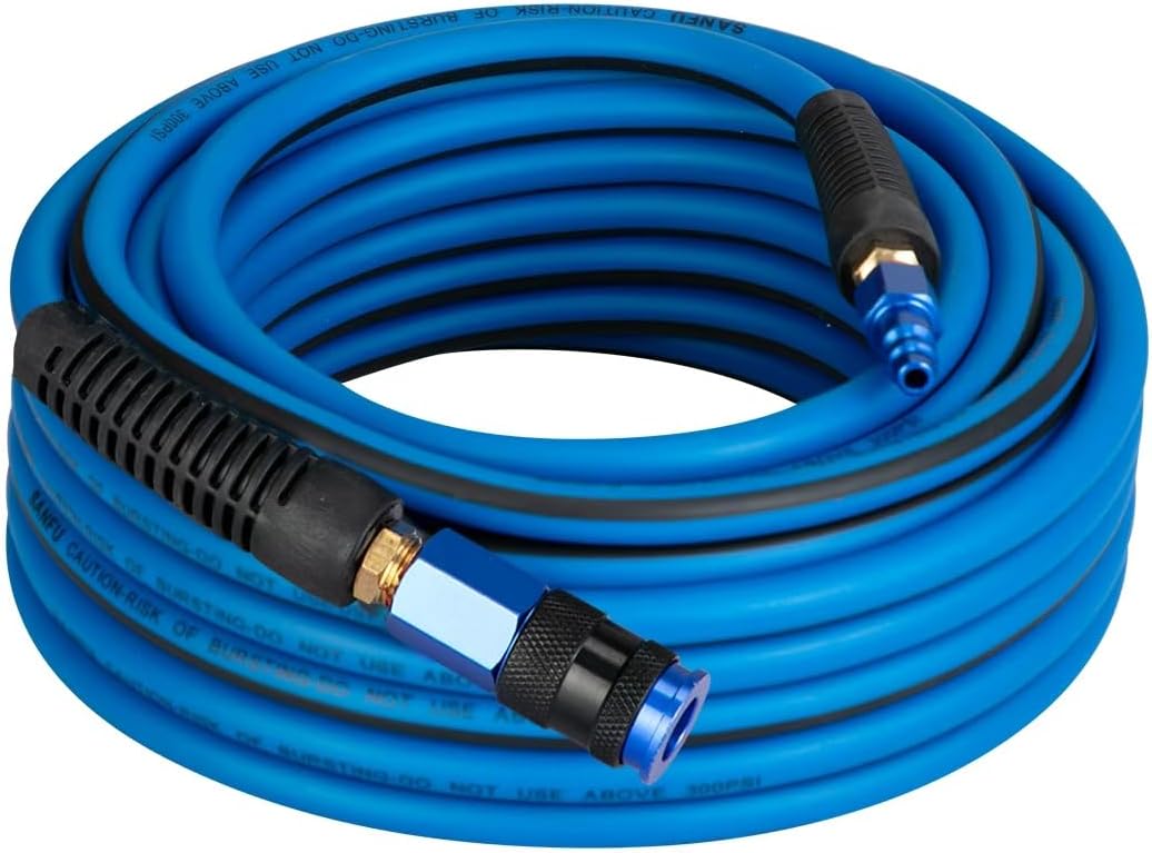 SANFU Hybrid Air Hose 1/4”ID x 100FT, 300PSI Durable, Lightweight, With 1/4” Aluminum 3IN1 Quick Coupler and Plug, Bend Restrictors, Blue&Black(100’)