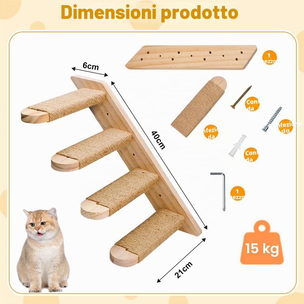Scala da Parete per Gatto per arrampicata,Scaletta per Gatto con Corda di Luta,4 Scale e Gradini da Parete per Gatti,Montata a Muro per Arrampicata, Giocare, Rilassarsi