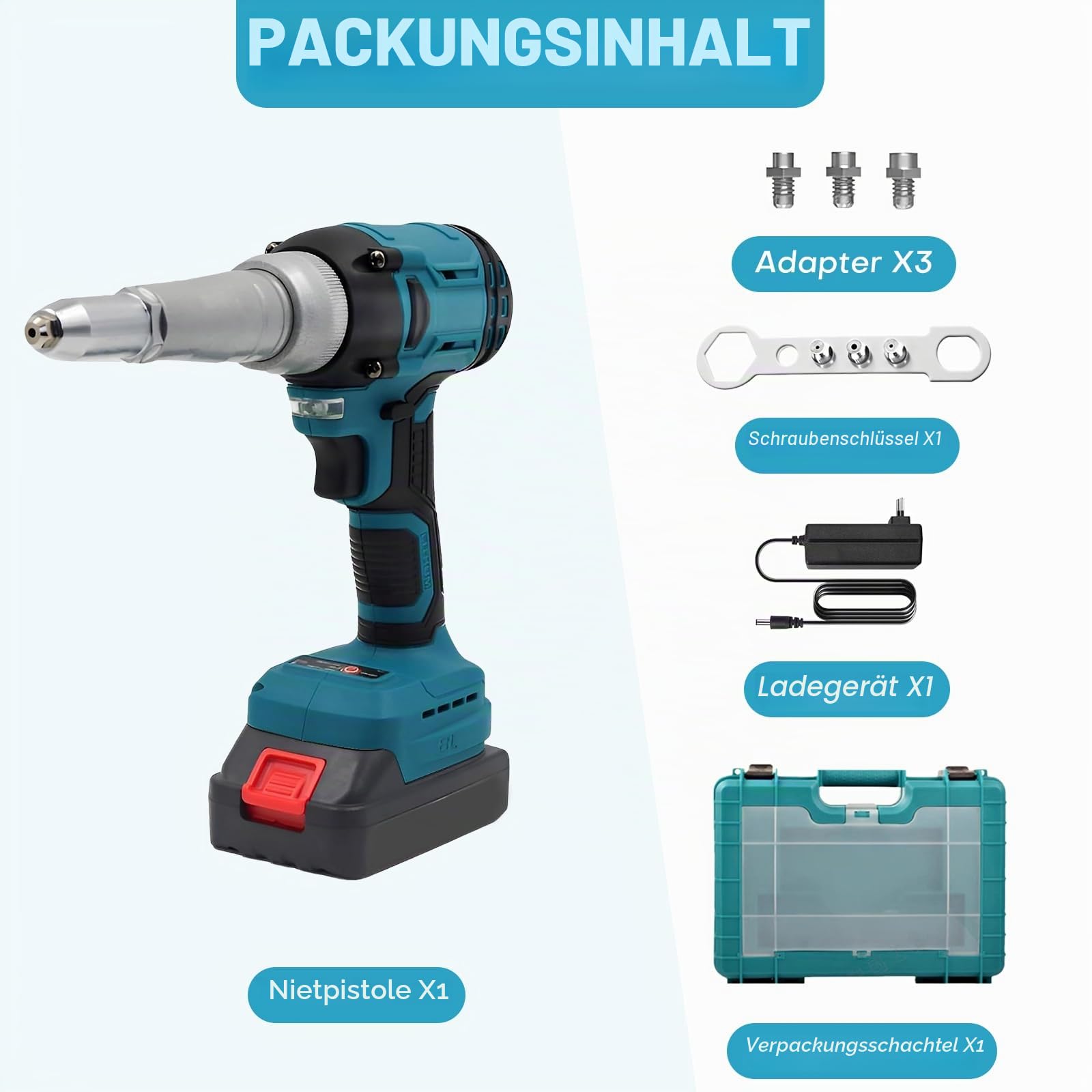 Akku Nietzange 21V Nietpistole Popnietenzange Set mit 2x1300mAh Akkus Elektrische Popnietenzange für 2,4/3,2/4,0/4,8mm Blindnieten für Autoreparaturen Heimwerker