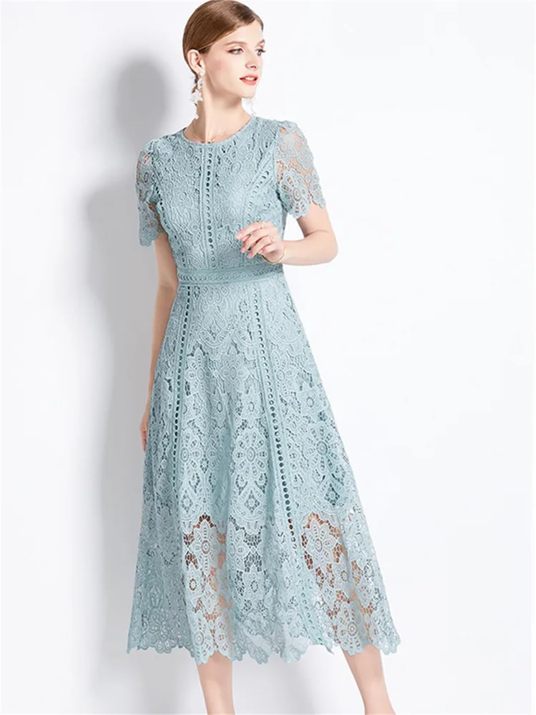 Womens Vintage High-End O-Neck Short Sleeve Lace Hollow Out Dress Slim Elegant Long Dress