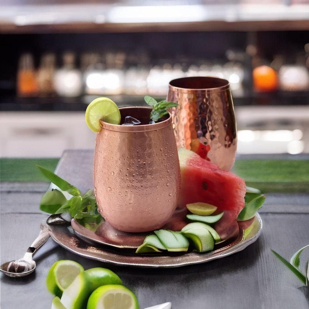 BOLD & DIVINE Pure Copper Cups | Set of 4-17 Oz each | Stemless Tumblers & Wine Glasses | Hammered Copper Cups for Wine, Water & Moscow Mule