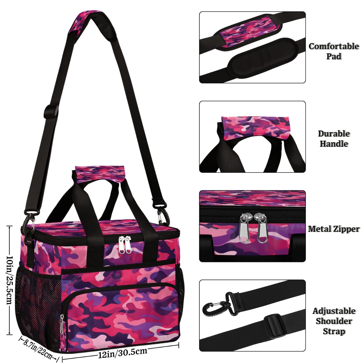 Abstract Camo Insulated Picnic Backpack Lunch Box for Women Men Picnic Basket Tote Lunch Bag Picnic Bag Portable Lunch Bags for Picnic, Beach, Work, Trip,Office, Camp Pinks Red Camouflage