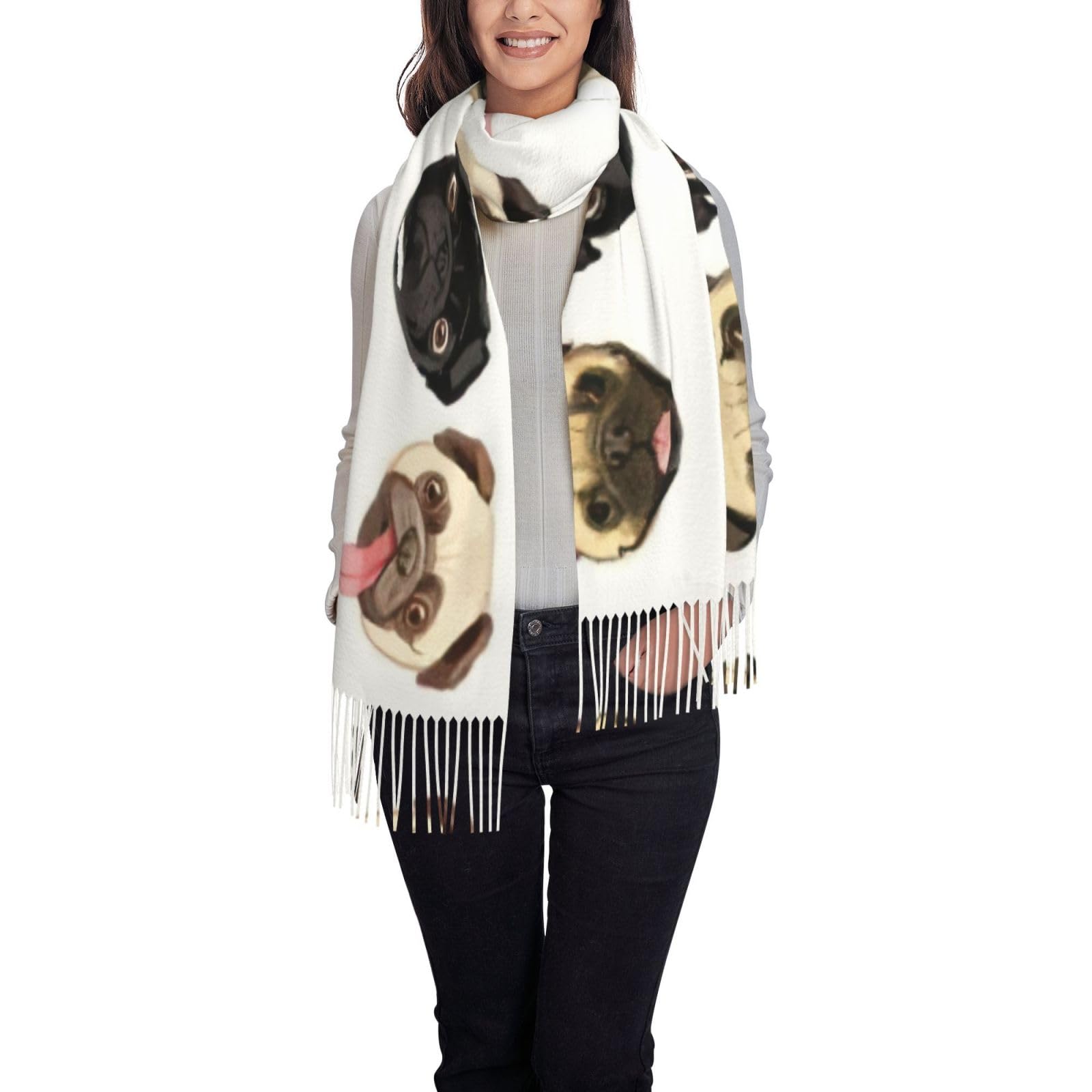 Edwal Women's Black Yellow Pug Print Winter Scarf For Shawl Cashmere Feel Tassel Plaid Large Oversized Scarves Wraps