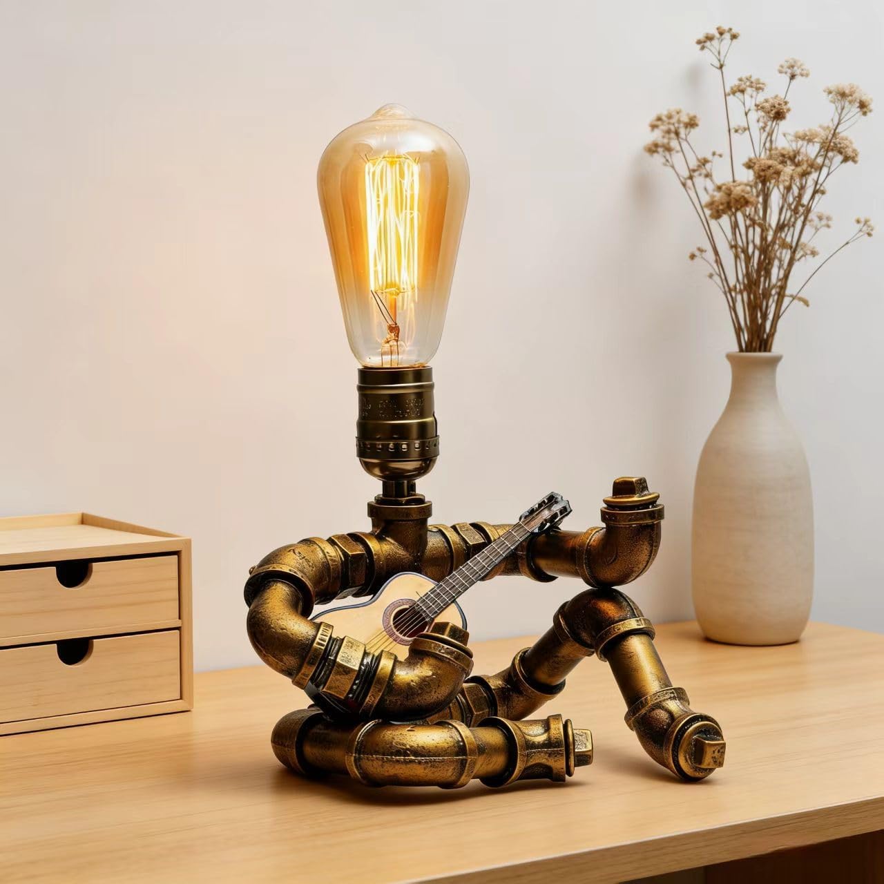 Music Guitar Table Lamp,Steampunk Guitar Robot Table Lamp, Unique Industrial Decor for Bedroom Living Room, Creative Birthday Gift for Men Women Teens Musician