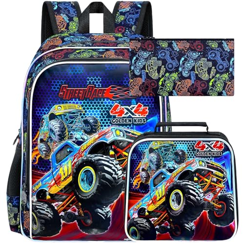 Image of 16 inch Truck Backpack, 3Pcs Boy Bookbag for Elementary Preschool Kindergarten, Kids School Backpacks with Lunch Box (Black)
