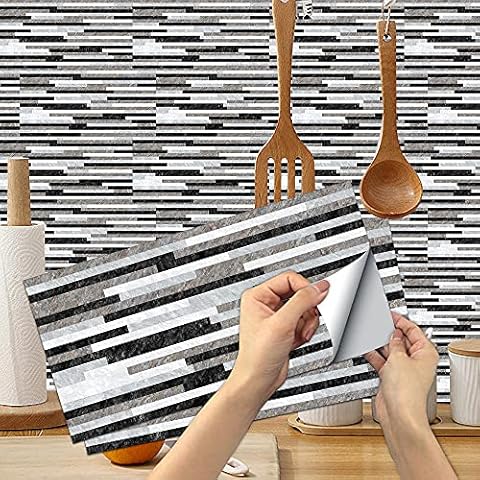 18-Pcs Tiles Stickers 3D Vintage Series Peel and Stick Kitchen Backsplash Vinyl Self-Adhesive Removable Waterproof Tile,Black and White Stripes,5.91 x 11.81 inch Cover