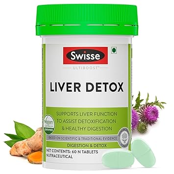 Swisse Ultiboost Liver Detox Supplement with High Strength Milk Thistle (Silymarin Marianum) - 5000 mg, Turmeric - 3000 mg & Choline - 82.5 mg for Complete Liver Support, Cleansing and Detox - 60 Tablets (Vegan Supplement) - image, photos