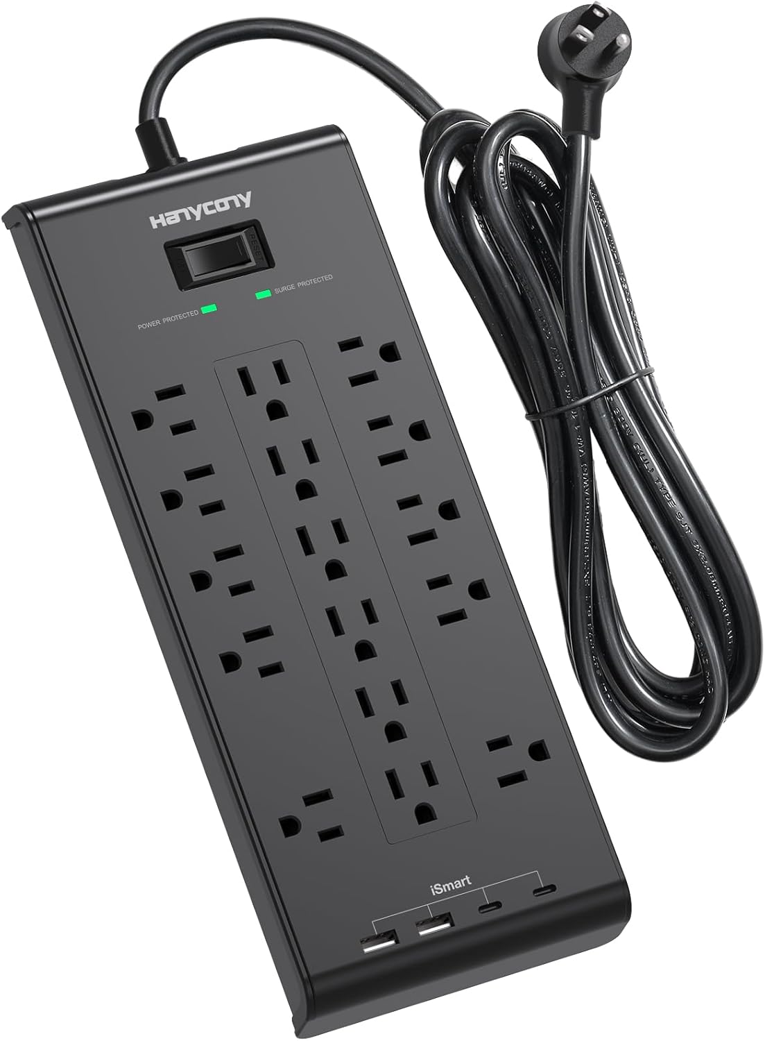 16 Outlets Surge Protector Power Strip, HANYCONY 5 Ft Flat Plug Heavy Duty Extension Cord with 16 Outlets 4 USB Ports(2 USB C), 2700 Joules, Wall Mount for Home Office, ETL Listed, Black
