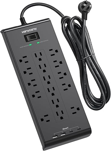 Surge Protector Power Strip, HANYCONY 5 Ft Flat Plug Heavy Duty Extension Cord with 16 Outlets 4 USB Ports(2 USB C), 2700 Joules, Wall Mount for Home Office, ETL Listed, Black