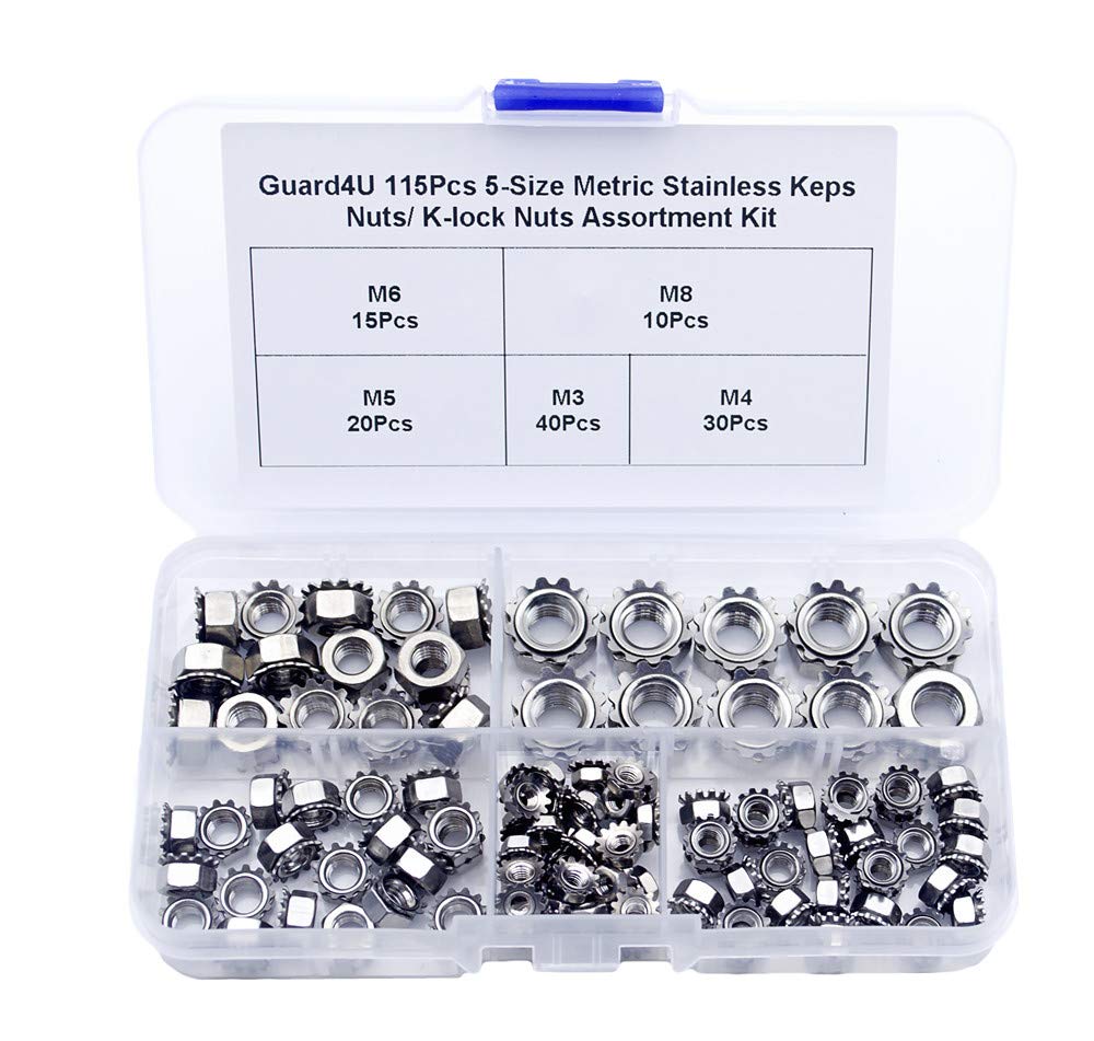 Guard4U115Pcs 5-Size Metric Stainless Keps Nuts/K-lock Nuts Assortment Kit; M3 M4 M5 M6 M8