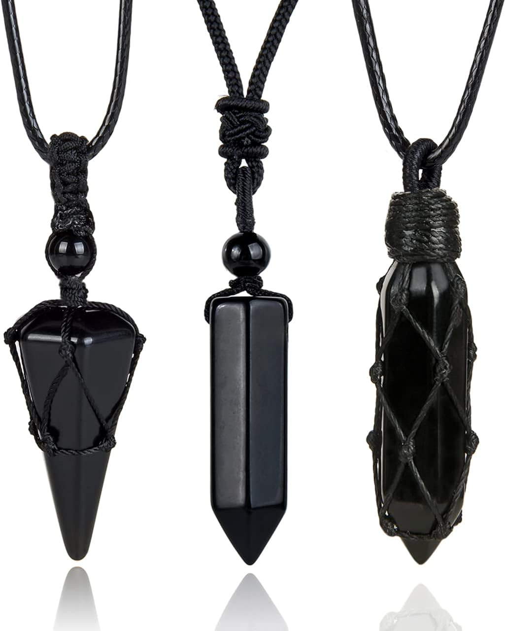 Tegembur Juego de 3 collares de cristal curativo para hombres y mujeres, amatista natural, obsidiana negra, con dije de piedra hexagonal, cuerda