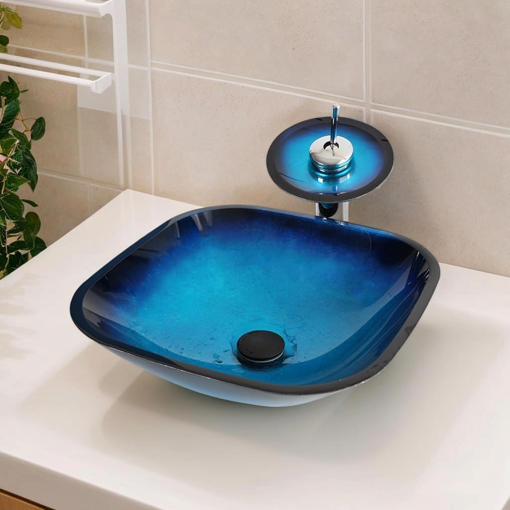 17" Blue Bathroom Vessel Sink,Square Tempered Glass Washing Sink Bowl with Waterfall Faucet And Drain, Artistic Bowl Sinks for Bathroom