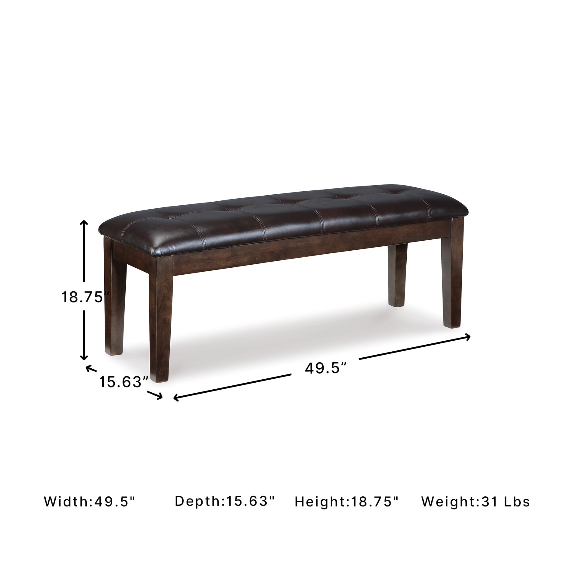 Signature Design by Ashley Haddigan 1-Piece Dining Bench, Faux Leather | Classic button tufted seat, Wood and engineered wood frame, 18.75 in seat height, 2-person capacity, Dark brown finish