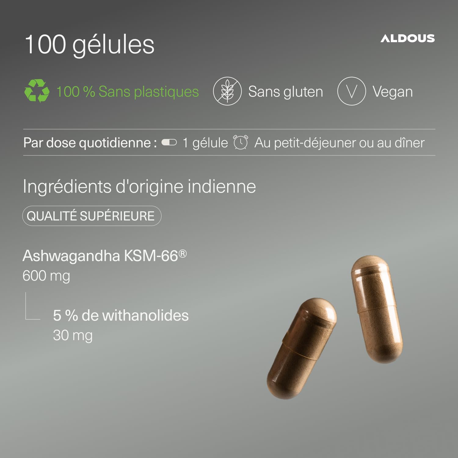 Ashwagandha Bio KSM-66 ® 600mg - 100 Gélules (+3 Mois) - Bien-être, Anti Stress, Énergie, Sommeil - 5% en Withanolides - Ashwagandha KSM-66-100% Pure - Vegan - Sans Plastique - Certifié Bio - ALDOUS