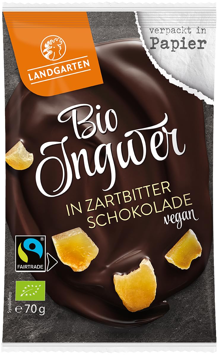 Landgarten Bio Ingwer in Zartbitter-Schokolade – 10x 70g | 100% Fairtrade – kandierte Ingwerstücke umhüllt von feinherber Zartbitterschokolade 62% Kakao – scharf-aromatischer Premium-Snack
