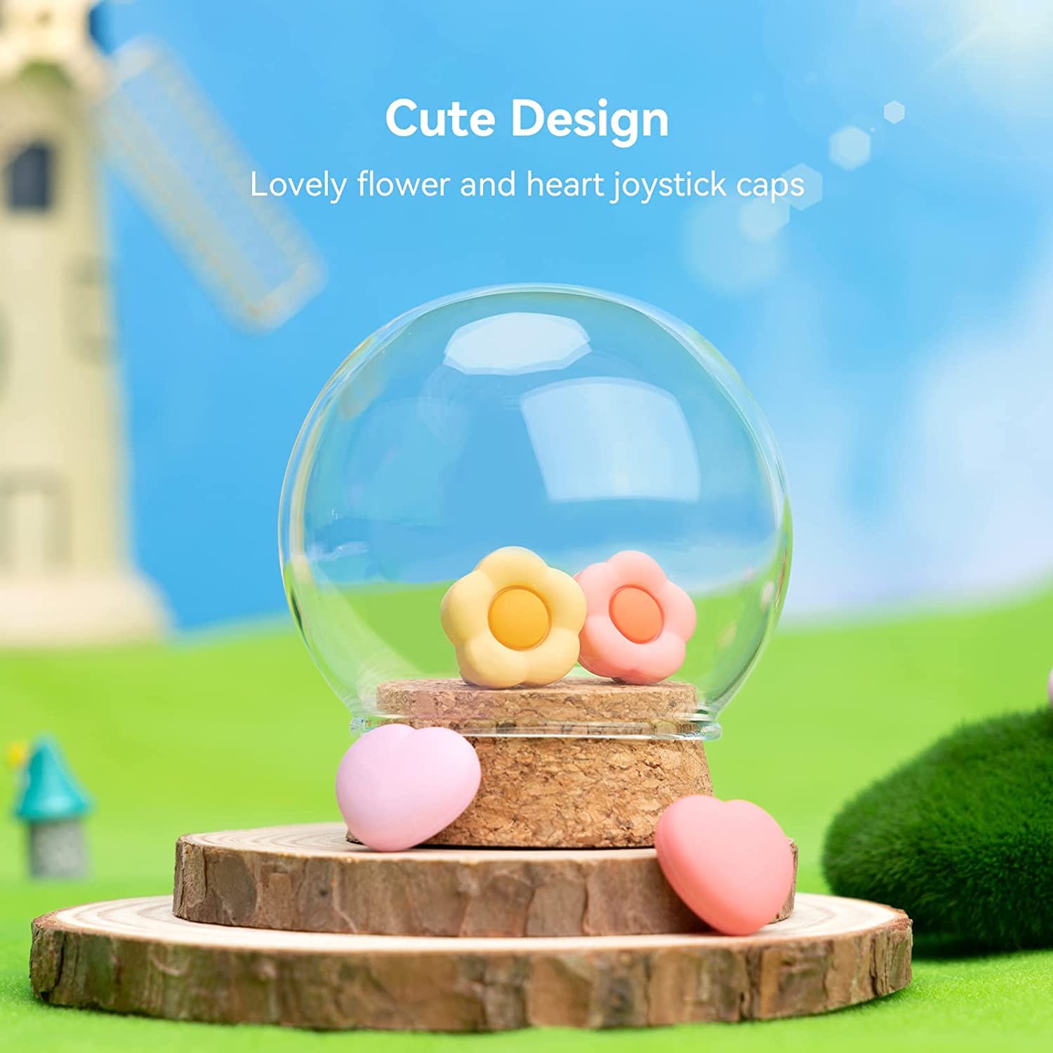 GeekShare Silikon Joystick Kappen für Switch/Switch OLED/Switch Lite, Joystick Schutzzubehör, Thumbstick Grip, rutschfeste, Komfortablem (4 Stück) (Herz-Blümchen (Rosa-Gelb)) - 4