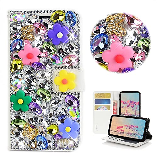 STENES Bling Wallet Phone Case Compatible with Google Pixel 4a 5G 6.2 inch 2020 Case - Stylish - 3D Handmade Floral Butterfly Glitter Magnetic Wallet Stand Leather Cover Case - Colorful