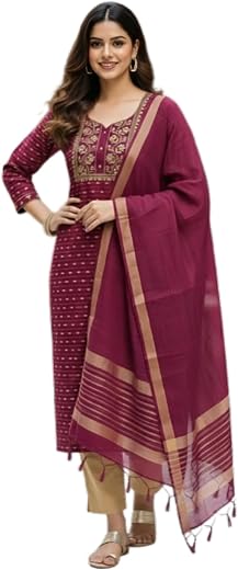 IRAMIKA Women's Maroon Embroidered Kurti Set with Pants and Dupatta, Traditional Ethnic Wear, Straight Fit Kurta for Festi...