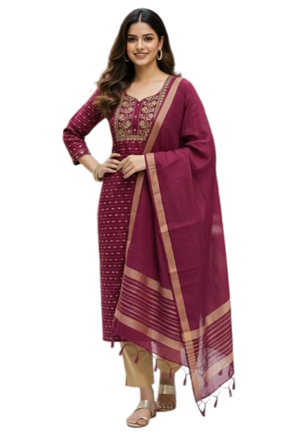 IRAMIKA Women's Maroon Embroidered Kurti Set with Pants and Dupatta, Traditional Ethnic Wear, Straight Fit Kurta for Festi...