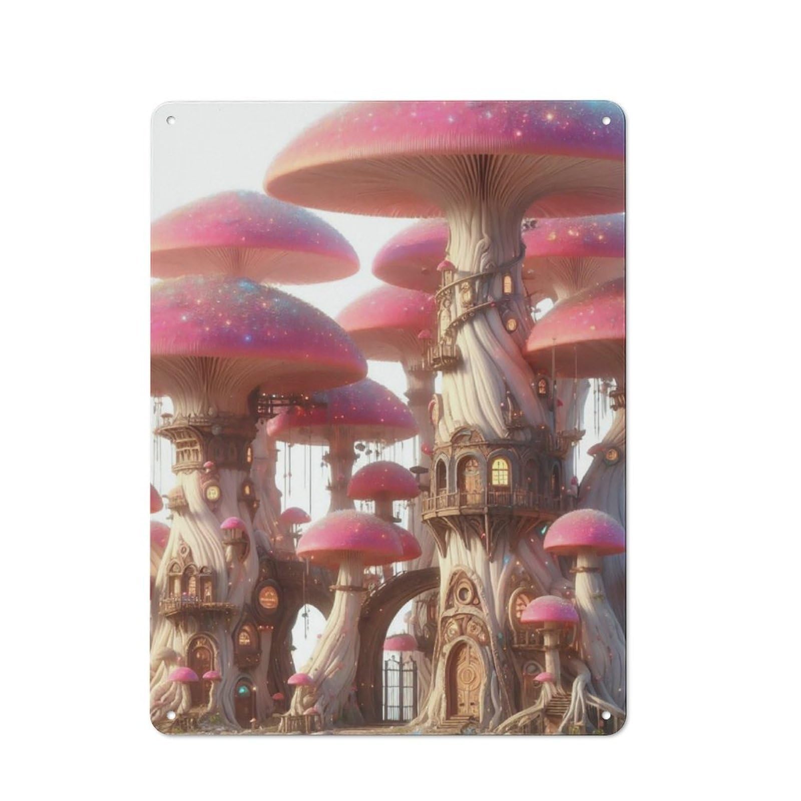 Junmoney Mushroom Village 40X30cm Rustic Metal Sign With For Hobby Room Or Studio, Metal Sign Decor For Hobby Rooms And Studios