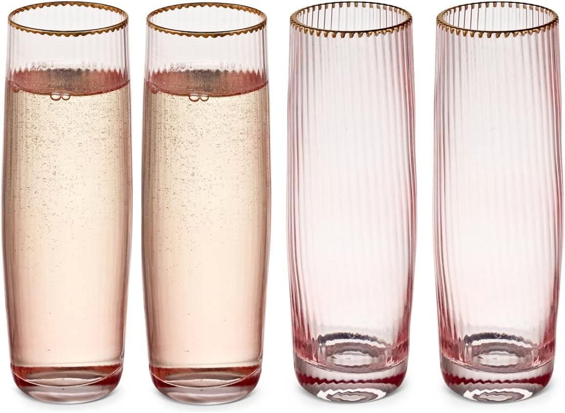 Drinkind Ribbed Champagne Glasses Set of 4 Pink Stemless Prosecco