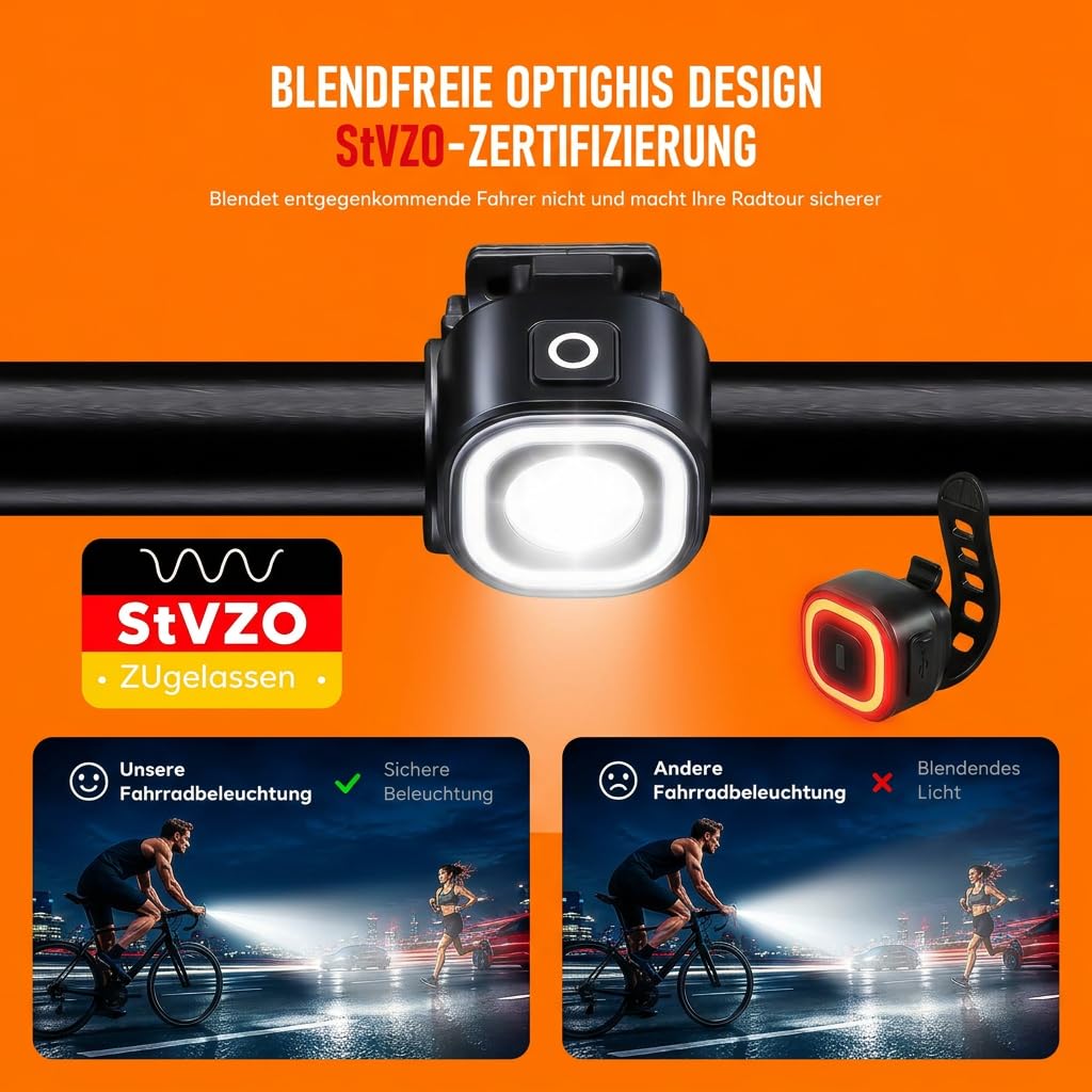 Kit d'éclairage LED pour vélo homologué StVZO - Rechargeable avec feu stop intelligent - Étanche IPX5 et résistant aux chocs - Kit de lampes de vélo USB-C pour vélo d'enfant, vélo électrique, VTT
